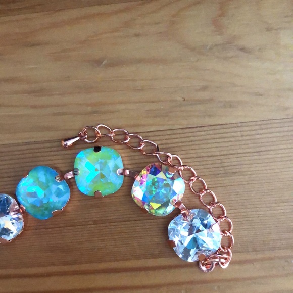 Aquamarine + Peridot AB Cushion Rose Gold Crystal Tennis Bracelet - Picture 5 of 11